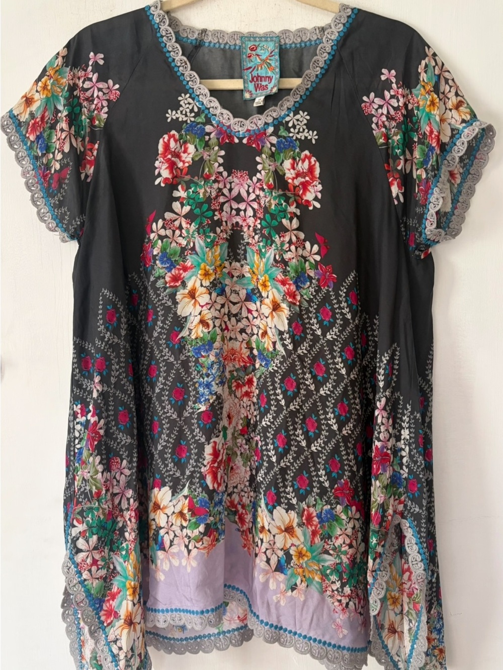 Johnny Was Black Floral Embroidered Short Sleeve Tunic with Multicolor Bouquet